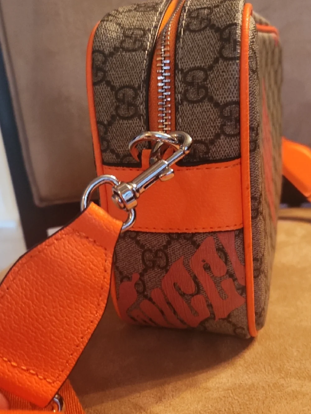 Inspired By Desiner Brown Supreme Crossbody with Orange Accents - Picture 5 of 16